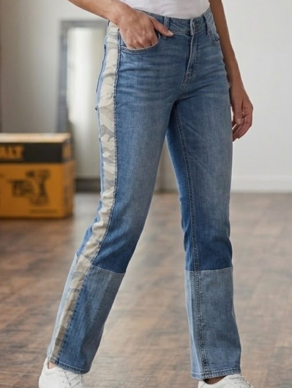 [[Time and Tru]] Blue Patchwork Straight Leg Jeans with Camo Side Stripe
